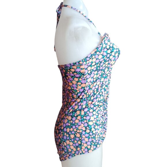 Medium True Vintage Floral Halter One Piece Bodysuit Swimsuit Ruched Mom 1980's - Picture 4 of 10